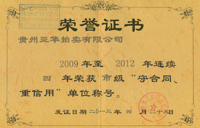 2009-2012連續(xù)四年獲貴陽市市級重合同守信用單位稱號 